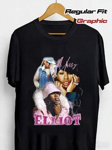 Camiseta de corte holgado 2026 con estampado de la rapera Misi Elliott - Camiseta casual negra de manga corta con un diseño de collage icónico, corte regular, perfecta para la moda urbana masculina y los amantes de la música, camiseta estilo hip-hop, ropa casual. - Negro - Ver 7