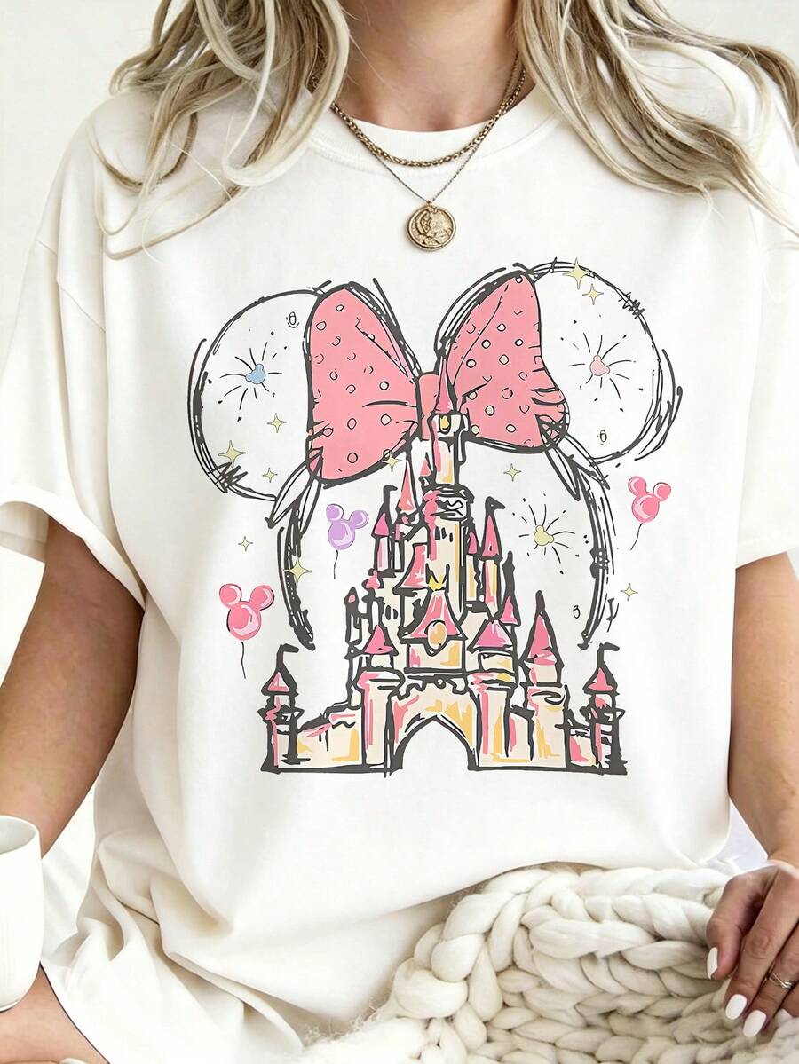 Disney Cartoon Pink Bow Castle Printed T-Shirt, Suitable For Daily Wear, Easy To Wear In Summer, Micro-Elastic, Soft Round Neck Casual Daily Shirt, Round Neck Summer Sweatshirt, Both Men And Women, Loose Version, Holiday Gifts.--Disneys Disneyland Paris The Magic Kingdom Disneyesque The House Of Mouse Mickey Mouse Empire Modest Summer Outfits Take That T Shirt Summer Coord Tops For Women Summer Summer Clothes Women Summer Clothes Summer Tops Summer Tops Women Summer Co Ord Summer Top Summer Outfits White Top Black Top Holiday Outfits For Women  Tops For Women Summer Holiday Gifts Valentine's Day Gifts Earth Day Gifts Oktoberfest Gifts Summer Bank Holiday Gifts - trắng - Xem 1