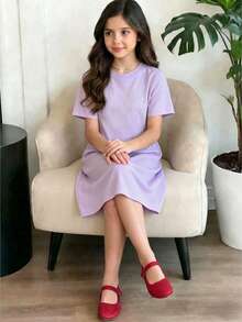 青少年女孩中長洋裝，休閒短袖T恤洋裝，可愛優雅兒童洋裝，適合春、秋、夏季 - 淡紫色 - 查看 2