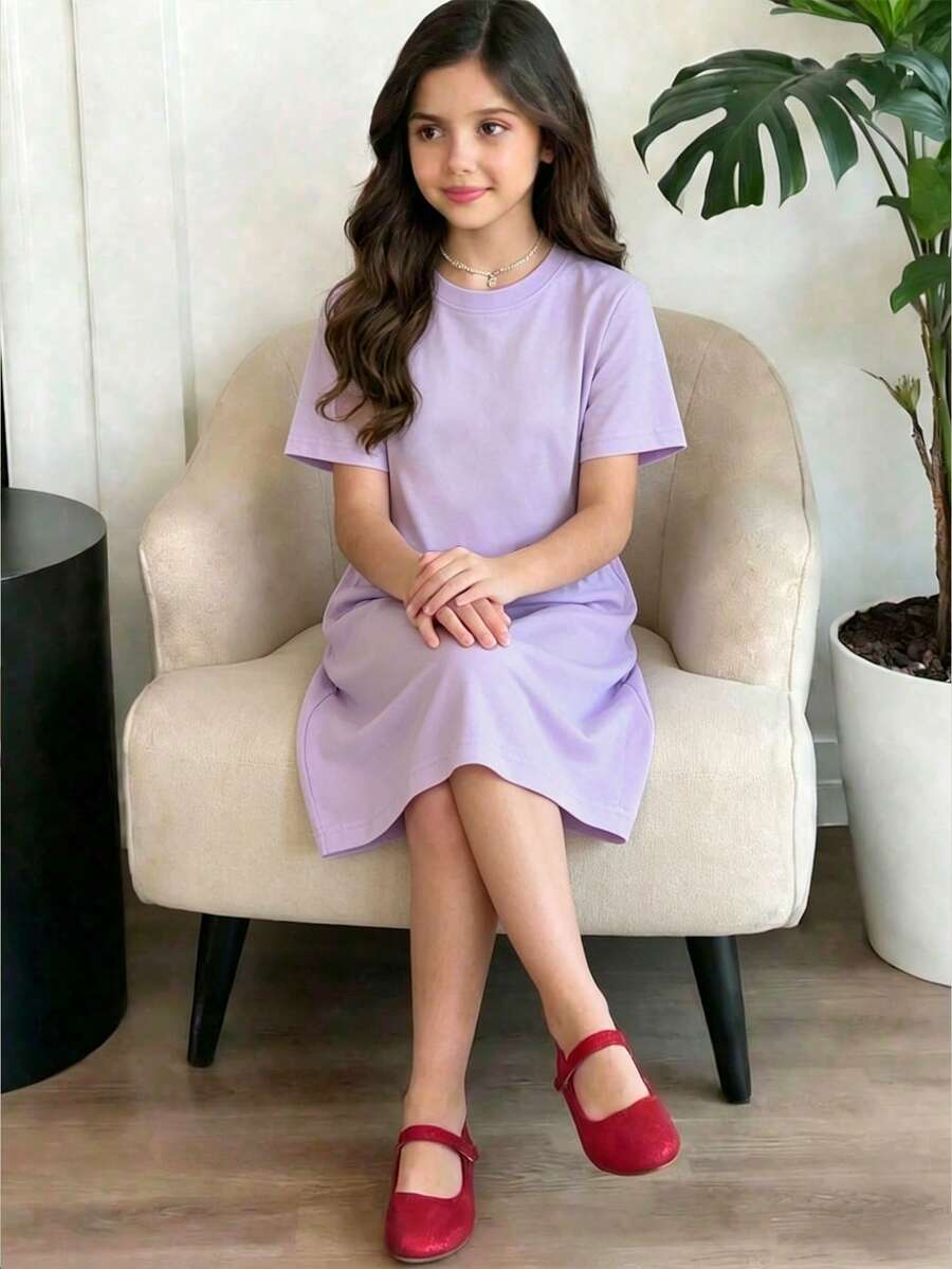 Teen Girls Mid-Length Dress, Casual Short Sleeve T-Shirt Dress, Cute Elegant Children's Dress, Suitable For Spring, Autumn, Summer - Mauve Purple - View 1