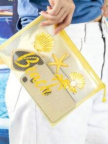 Fashionable Waterproof PVC Beach Shell Pattern Toiletry Bag With Colorful Letter Print - A4 Size, Transparent Makeup Storage Bag With Nylon Zipper. Ideal For Swimming, Diving And Summer Vacation - Lightweight And Practical, Suitable For All Ages And Genders. Beach Bag Accessory, Travel Essential, Vacation Luggage Choice - Multicolor - View 7