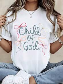 Camiseta de Moda para Mujer con Diseño de "Hijo de Dios" y Lazo, Top Casual de Verano para Uso Diario y Eventos Religiososblusa casual mujer - Blanco - Ver 1