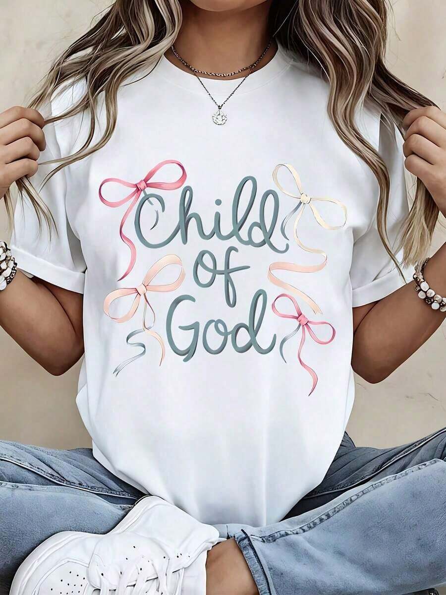 Camiseta de Moda para Mujer con Diseño de "Hijo de Dios" y Lazo, Top Casual de Verano para Uso Diario y Eventos Religiososblusa casual mujer - Blanco - Ver 1