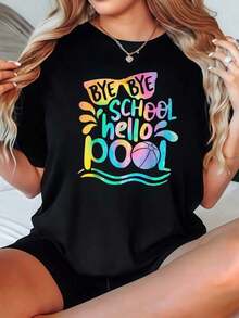 Camiseta de Mujer Casual con Cuello Redondo, Opciones en Blanco y Negro, Estampado Gráfico Colorido 'Bye Bye School Hello Pool', Camisetas de Verano para Playa, Tops de Verano, Camisetas Gráficas, Conjuntos de Verano, Camisetas Cortas para Mujer, Ropa Linda de Algodón Vintage para Mujer, Playera Holgada para Mujer - Negro - Ver 7