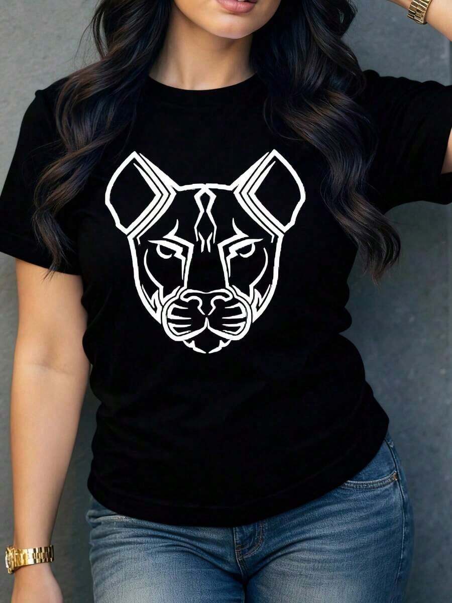 ComfortableCamiseta de Mujer con Estampado Gráfico de León Abstracto,Diseño Moderno y Elegante,Ideal para un Look Casual y Sofisticado,Disponible en Varias Tallas y Colores.Fashion All-match Women's Short Sleeve T-shirt, Basic Style for Inner & Outer Wear - Negro - Ver 1