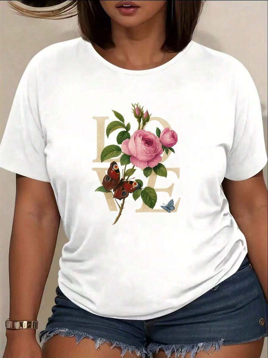 Playeras de mujer de algodón con estampado de flores y "LOVE", camisa de manga corta con diseño de mariposa, suave y transpirable, elasticidad moderada, lavable a máquina, estilo casual, perfecta para primavera y verano. - Blanco - Ver 1