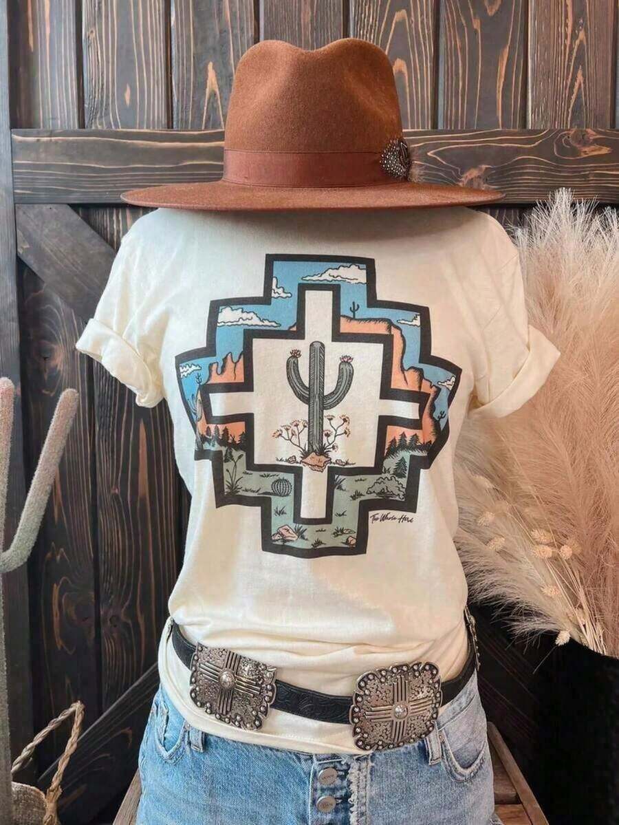 1 pieza Camiseta de Verano para Mujer 100% Algodón, Estilo Vintage Occidental con Diseño de Cactus del Desierto, Gráfico de Marco Geométrico, Estilo Boho Casual, Top de Verano de Talla Grande, 180g Algodón 100% - Blanco - Ver 1