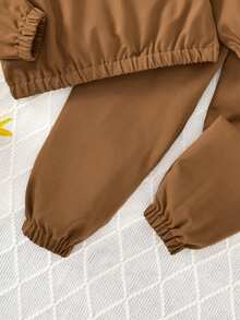 Vihyde Tween Boys Casual Sports Woven Half-Zip Decorative Button Hooded Overcoat Jacket 2Pcs For Autumn/Winter Boys Tracksuit - Brown - View 7