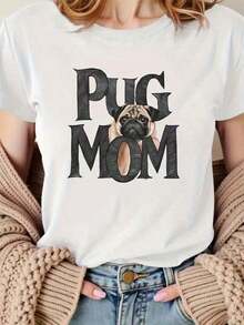 1 pcsCamiseta casual de cuello redondo para mujer con estampado gráfico PUG MOM - Mezcla de poliéster suave, manga corta, comodidad para todas las estaciones, lavable en máquina, perfecta para ropa casual, ropa cómoda Camiseta gráfica juguetona Textura suave180g 100% CottonPure-Cotton - Blanco - Ver 8