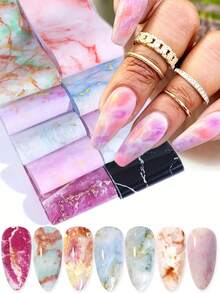 10 Pcs/Pack Marble Nail Foils Starry Sky Transfer Sticker Gradient Blooming Colorful Marble Pattern Starry Sky Paper DIY Salon Manicure Design For Women Nail Art Decoration Jewelry Decals - Multicolor - View 1