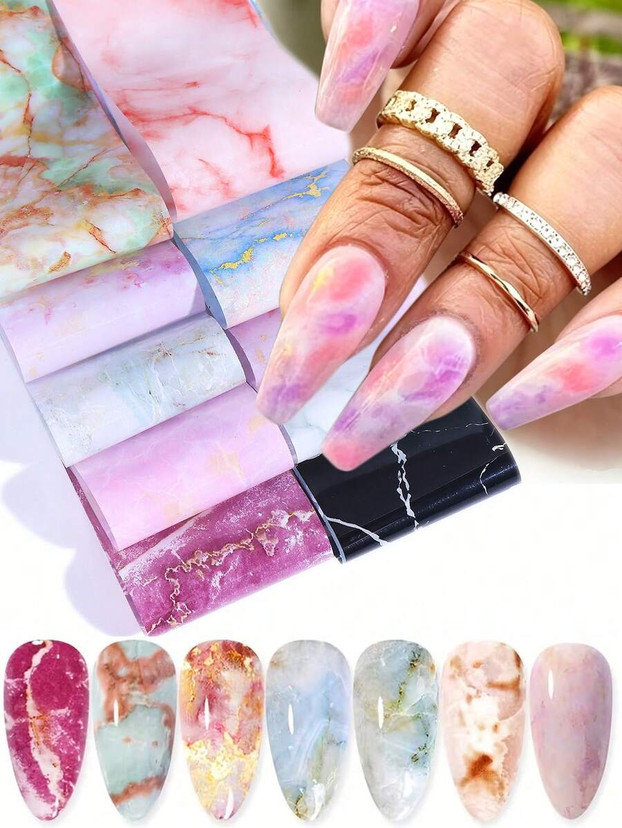 10 Pcs/Pack Marble Nail Foils Starry Sky Transfer Sticker Gradient Blooming Colorful Marble Pattern Starry Sky Paper DIY Salon Manicure Design For Women Nail Art Decoration Jewelry Decals - Multicolor - View 1