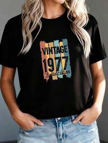 1 pieza de camiseta vintage de manga corta de algodón puro, edición limitada de 1977, diseño retro desgastado, 180g, 100% algodón. - Negro 1 - Ver 8