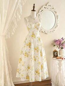 Vestido elegante vintage de mujer con bolsillos, vestido con estampado de rosas de flores pequeñas, cuello en forma de corazón, vestido casual para fiestas y vacaciones, vestidos de verano para mujer, atuendos de vacaciones de verano, atuendos de primavera para mujer, vestidos de primavera para mujer, atuendos de primavera para vacaciones, ropa de primavera para mujer, vestidos elegantes para fiestas, vestidos elegantes para fiestas para mujer, vestido de invitada de boda, vestido de fiesta de boda, vestido de graduación, vestidos elegantes para ceremonias, vestidos elegantes para mujer, vestido formal - Blanco - Ver 11