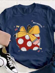 Camiseta personalizable para profesores con diseño de Apple Pencil, chaleco con patrón personalizado, ideal para la temporada de regreso a clases, perfecta para el primer día de clases, cuello redondo informal adecuado para todas las estaciones, regalo perfecto para el Día del Maestro, camisa para mujer. | Diseño exquisito |   Suelto y cómodo |   Fácil de combinar | - Azul marino - Ver 7