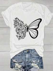 1 pieza de camiseta con estampado de mariposas y cuello redondo - Camiseta de mujer con estampado gráfico a la moda - Camiseta casual de manga corta y cuello redondo - Ligera y transpirable para el guardarropa de primavera y verano - 180g Algodón 100% - Blanco - Ver 1