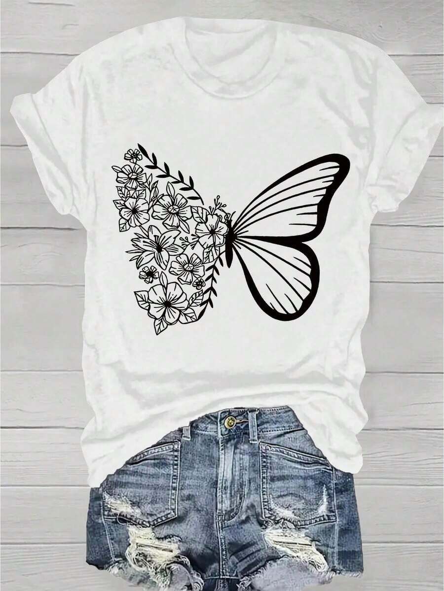1 pieza de camiseta con estampado de mariposas y cuello redondo - Camiseta de mujer con estampado gráfico a la moda - Camiseta casual de manga corta y cuello redondo - Ligera y transpirable para el guardarropa de primavera y verano - 180g Algodón 100% - Blanco - Ver 1