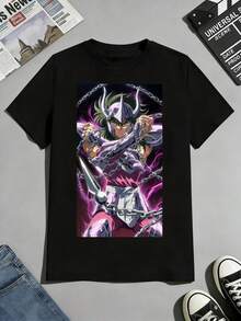 Dam T-shirt med tryck och rund hals, herr T-shirt i svart, sommar-T-shirt, 100% ren bomull, 220g, framträdande tryck med orden "Saint Seiya" och en slående bild av en krigare i lila rustning som håller ett svärd, omgiven av kedjor mot en kosmisk bakgrund, perfekt som present till filmälskare eller som ett unikt modeuttryck. . Kortärmad T-shirt med enkelsidigt tryck - Svart - Visa 7
