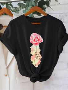 Camiseta de mujer, camiseta de moda para damas, 180g de algodón, talla grande, top de algodón con estampado de letras a la moda, camiseta de manga corta de algodón estilo casual urbano para mujer, adecuada para todas las estaciones, perfecta para usar. - Negro - Ver 1