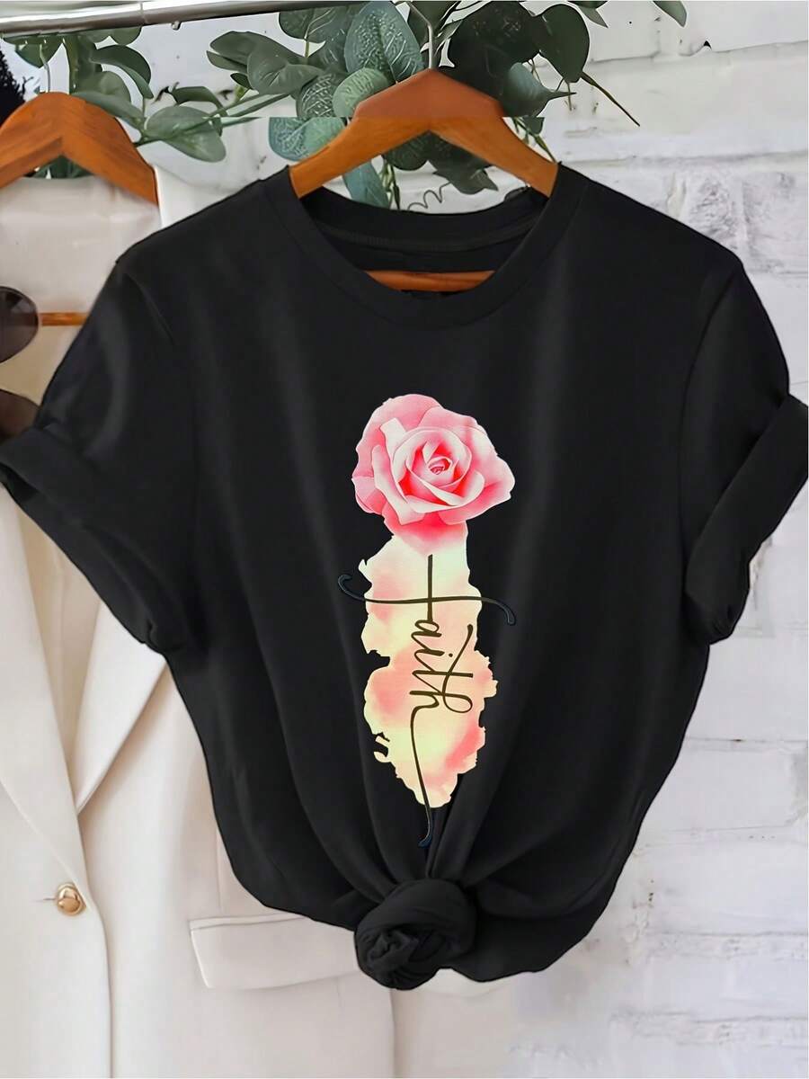 Camiseta de mujer, camiseta de moda para damas, 180g de algodón, talla grande, top de algodón con estampado de letras a la moda, camiseta de manga corta de algodón estilo casual urbano para mujer, adecuada para todas las estaciones, perfecta para usar. - Negro - Ver 1