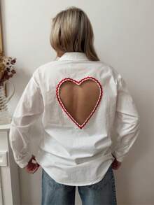 Solstice Apparel Back Heart Cutout Contrast Ric‑Rac Trim White Shirt Point Collar Button Front Oversized Long Sleeve Women Blouse - White - View 3