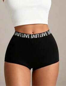 1 chiếc quần đùi kiểu boyshort cạp cao màu trơn, thoải mái, phối chữ, mềm mại, co giãn, kiểu dáng tối giản, phù hợp cho yoga, chạy bộ, đi biển và mặc hàng ngày. - màu đen - Xem 1