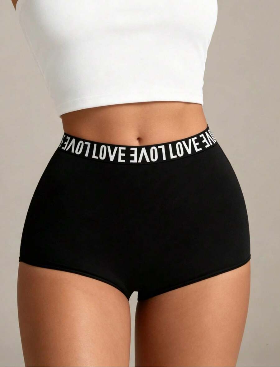1 chiếc quần đùi kiểu boyshort cạp cao màu trơn, thoải mái, phối chữ, mềm mại, co giãn, kiểu dáng tối giản, phù hợp cho yoga, chạy bộ, đi biển và mặc hàng ngày. - màu đen - Xem 1