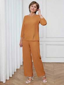 2 piezas Conjunto de blusa de manga larga con botones decorativos y pantalones de unicolor minimalista, conjunto casual de verano amarillo para mujer primavera-verano - Naranja - Ver 5