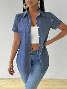 Camisa de mujer de manga corta con rayas verticales y bajo con abertura, blusas de manga corta - Azul lavado oscuro - Ver 4