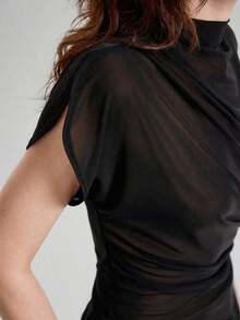 2026SS Nueva blusa de verano para mujer, uniforme de maestra, atuendo de aeropuerto para el Día de la Independencia, de tela elástica, camiseta azul sólida talla grande vendida, estilo casual cómodo, top de punto, diseño asimétrico, manga corta frun - Negro - Ver 5
