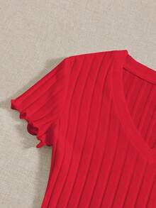 Body De Punto Acanalado Sólido Con Cuello En V Para El Verano - Rojo - Ver 5
