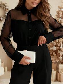 Blusa de unicolor con mangas largas y transparente en parches, sexy para mujeres, color negro, para verano - Negro - Ver 4