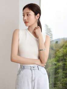 -Less Top de punto sin mangas con cuello asimétrico, estilo de negocio casual, estilo Old Money - Blanco - Ver 6