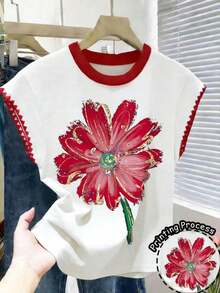 Camiseta casual de mujer con cuello redondo, ribete de contraste y estampado floral - Multicolor 5 - Ver 8