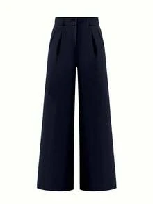 Pantalones Con Pierna Ancha Y Pliegues En Color Sólido Con Bolsillos Diagonales - Azul marino - Ver 3