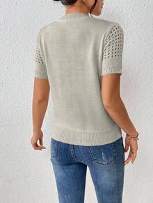 Top de punto de cuello redondo de unicolor con mangas cortas para verano, como ropa para Año Nuevo - Gris Claro - Ver 2
