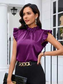 Blusa de satén de unicolor con mangas de tapa para uso diario, blusas sin mangas - Rojo violeta - Ver 6