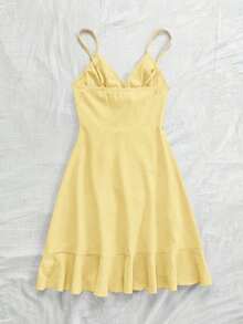 Vestido de tirantes de verano para mujeres en color rosa roja con textura de tela, vestido envolvente con cinturilla, volantes y nudo en el lateral del estilo A-line - Mostaza Amarilla - Ver 2