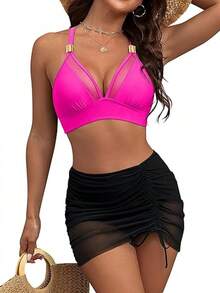 Womens Summer Swim Skirt High Waisted Bikini Sets Tummy Control Swimsuits Drawstring Ruched Mesh Sarong Wraps With Shorts 3 Pcs Bathing Suits - Hot Pink - View 1