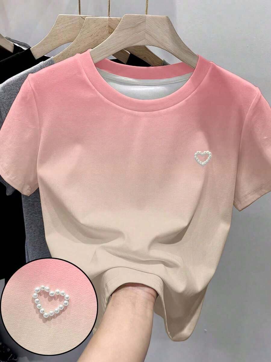 Camiseta de manga corta de unicolor con decoración de tachuelas en forma de corazón, de uso versátil y casual - Multicolor 4 - Ver 1