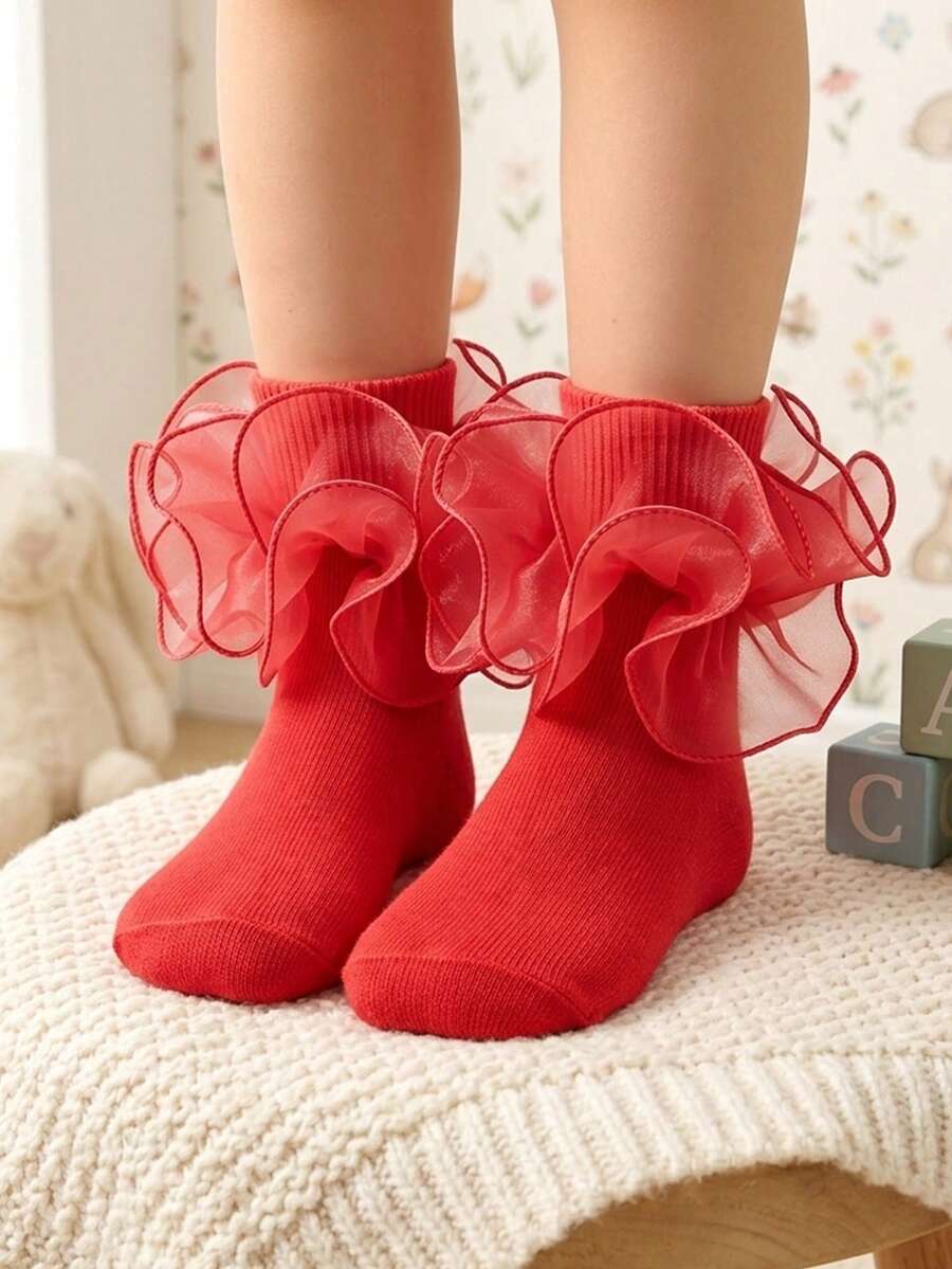 1 Pair Girls' Socks With Ruffle Floral Lace Trim, Princess Baby Socks - Red - View 1
