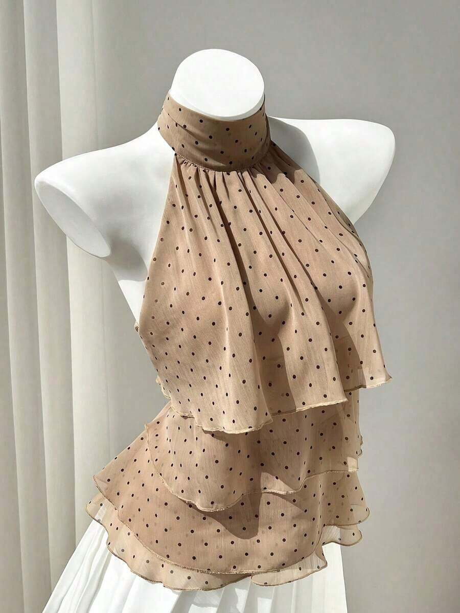 Women's Blouse With Ruffled Collar And Polka Dot Print - Burgundy - View 1