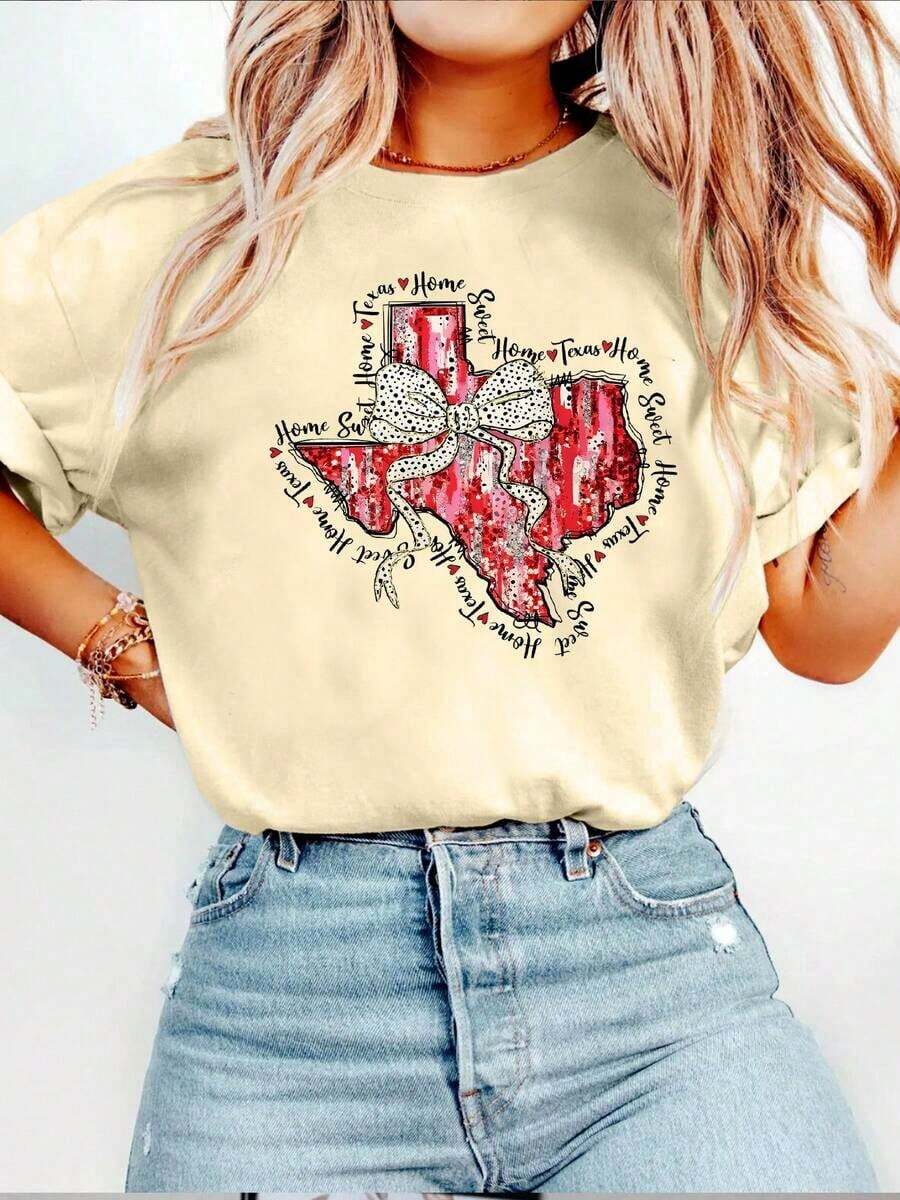 Top Casual de Manga Corta con Cuello Redondo y Estampado de Lazo Estilo Texas para Mujer, Perfecto para Primavera y Verano. Adecuado para primavera, verano y otoño. - Albaricoque - Ver 1