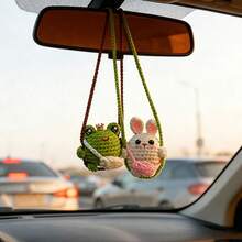 1pc Creative Handmade Crocheted Swinging Bunny & Frog Car Rearview Mirror Pendant, Bag Charm Decor - Swing Animals - View 2