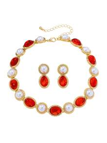 3pcs Set Fashionable Luxurious Acrylic Pearl Gemstone Pendant Necklace & Earrings Jewelry Set, Suitable For Women's Daily, Party, Holiday Wear - Red - View 5