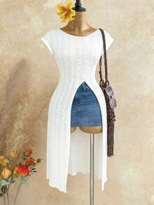 Camiseta casual de mujer talla grande con cuello de barco, decoración de patchwork geométrico, cintura ceñida y bajo con abertura - Blanco - Ver 8