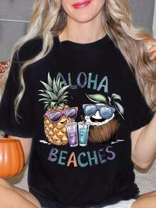 Women's Printed T-Shirt With An Aloha Beach Design Featuring Pineapple, Coconut, Sunglasses, And Cocktails. Short Sleeves, Round Neck, Casual Top, Perfect Summer Gift For Her. Plus Size Women's Clothing, Printed Blouses For Women. - 黑色 - 查看 6