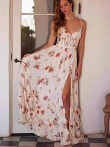 Vestido largo tirantes cuello V profundo estampado cintura marcada elegante ideal para vacaciones de playa estilo moda femenina - Albaricoque - Ver 2