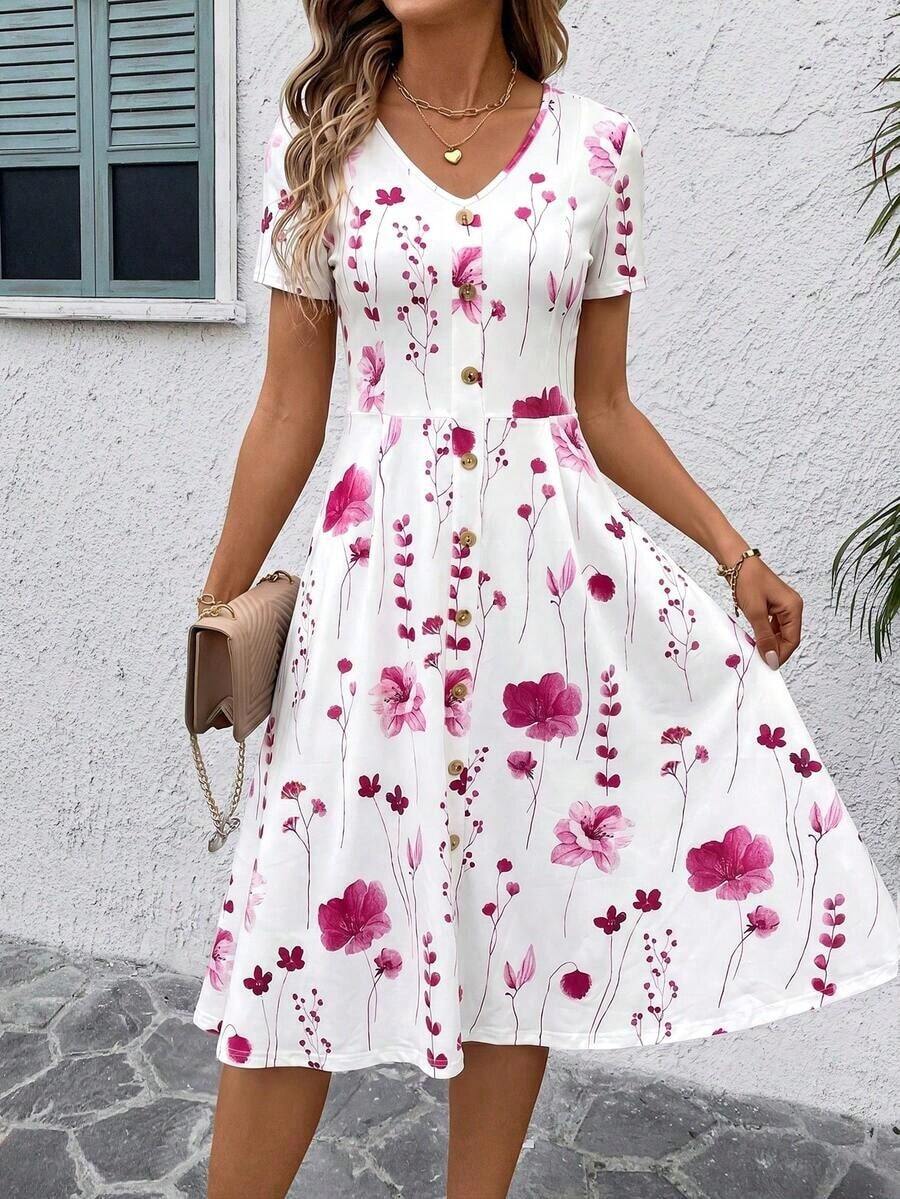 Clasi Vestido de mujer con estampado floral blanco, elegante para vacaciones, primavera/verano - Rojo - Ver 1