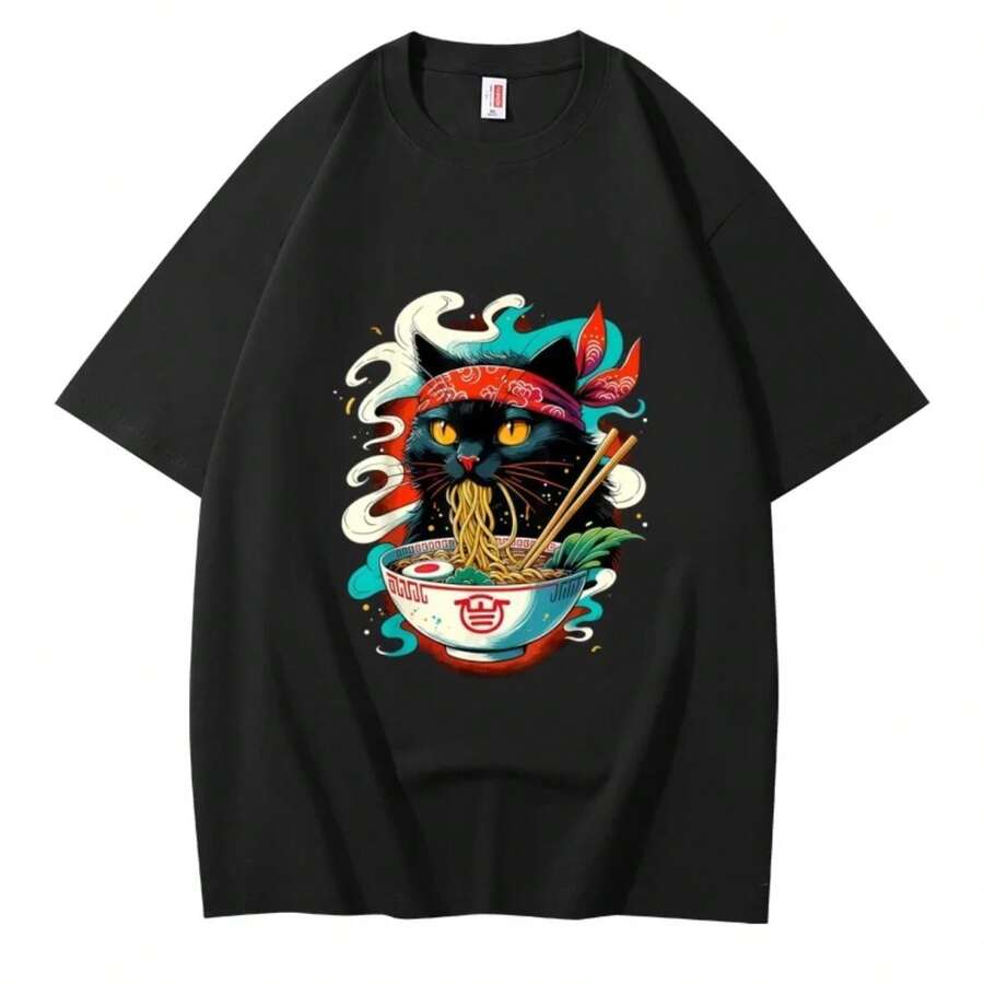 Camiseta de manga corta de algodón con estampado de gato negro y ramen, estilo hip-hop urbano, corte holgado para hombre, top informal unisex - Negro - Ver 1
