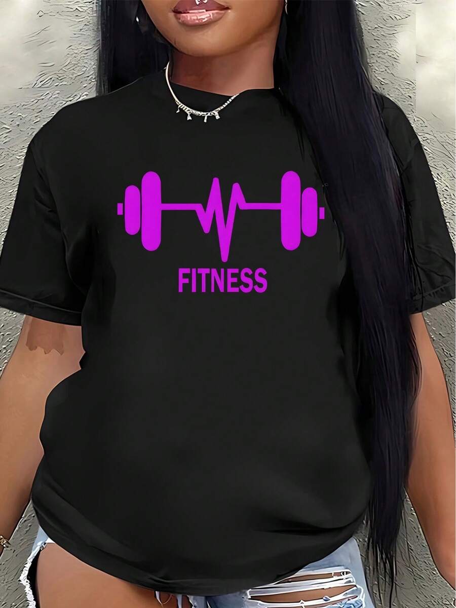 Short-Sleeved T-Shirt With A Purple Fitness Dumbbell Print. Lightweight And Durable, Suitable For The Gym, Workouts, Or Everyday Wear-An Ideal Choice For Active Lifestyle Enthusiasts. Women's Casual Blouse - màu đen - Xem 1